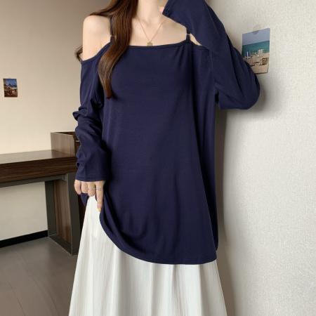 FA37665# 大码早秋韩系新款宽松休闲藏青色长袖露肩吊带t恤女上衣 服裝批發女裝批發服飾貨源