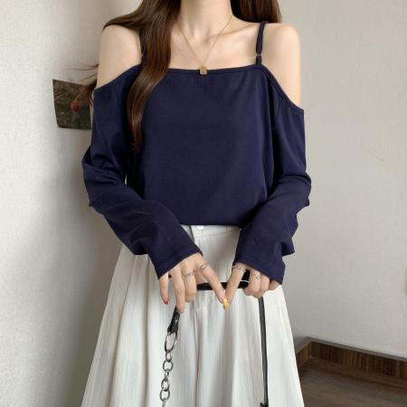 FA37665# 大码早秋韩系新款宽松休闲藏青色长袖露肩吊带t恤女上衣 服裝批發女裝批發服飾貨源