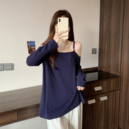 FA37665# 大码早秋韩系新款宽松休闲藏青色长袖露肩吊带t恤女上衣 服裝批發女裝批發服飾貨源