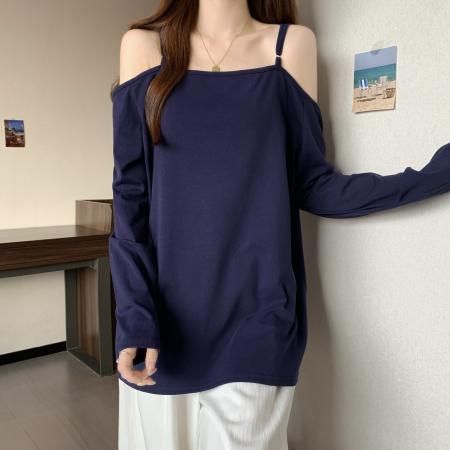 FA37665# 大码早秋韩系新款宽松休闲藏青色长袖露肩吊带t恤女上衣 服裝批發女裝批發服飾貨源