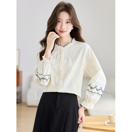 FA37669# 法式提花荷叶立领长袖衬衫女秋季新款刺绣纯棉上衣 服裝批發女裝批發服飾貨源