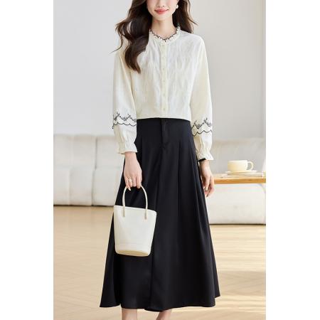 FA37669# 法式提花荷叶立领长袖衬衫女秋季新款刺绣纯棉上衣 服裝批發女裝批發服飾貨源
