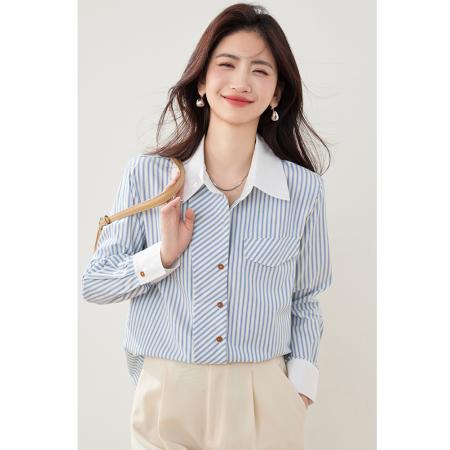 FA37671# 条纹衬衫女秋装新款法式宽松长袖复古拼接气质上衣 服裝批發女裝批發服飾貨源