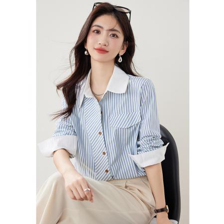 FA37671# 条纹衬衫女秋装新款法式宽松长袖复古拼接气质上衣 服裝批發女裝批發服飾貨源