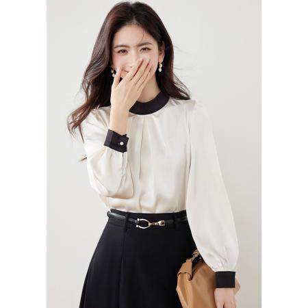 FA37672# 法式高级感立领缎面长袖衬衫女装秋装新款套头显瘦 服裝批發女裝批發服飾貨源