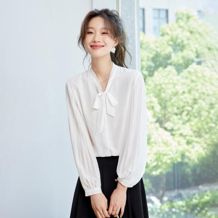FA37673# 清疏格调蓝色雪纺飘带衬衫女系带衬衣风琴褶灯笼袖通勤上衣 服裝批發女裝批發服飾貨源