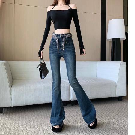 FA37675# 新款高腰修身显瘦气质丝巾微喇牛仔裤 服裝批發女裝批發服飾貨源