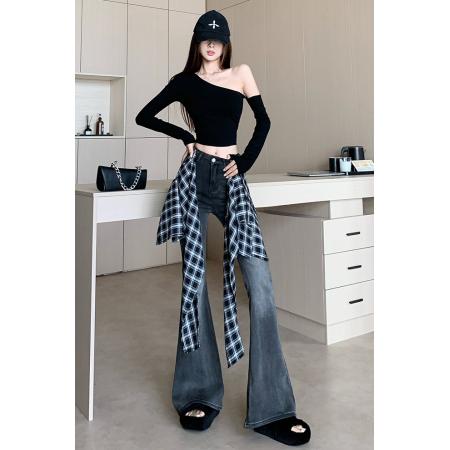 FA37677# 新款可拆卸两穿格纹屁帘微喇牛仔裤 服裝批發女裝批發服飾貨源