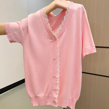 FA37679# 秋冬V领蕾丝短袖t恤打底衫针织上衣 服裝批發女裝批發服飾貨源