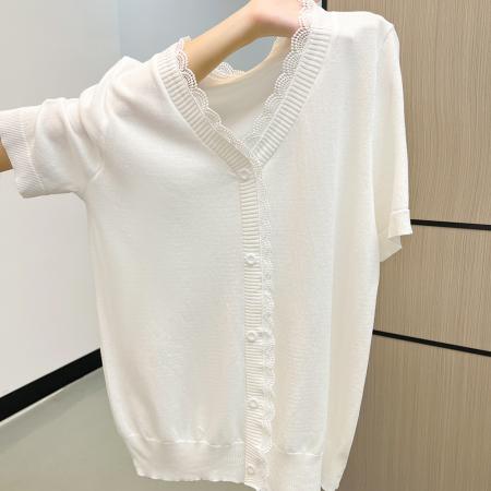 FA37679# 秋冬V领蕾丝短袖t恤打底衫针织上衣 服裝批發女裝批發服飾貨源