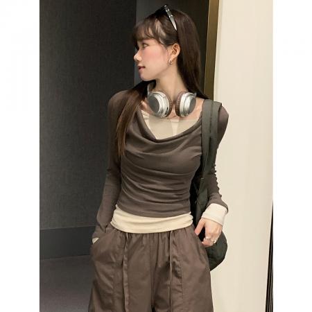 FA37683# 绿色荡领假两件长袖t恤女收腰秋季上衣女内搭打底衫 服裝批發女裝批發服飾貨源