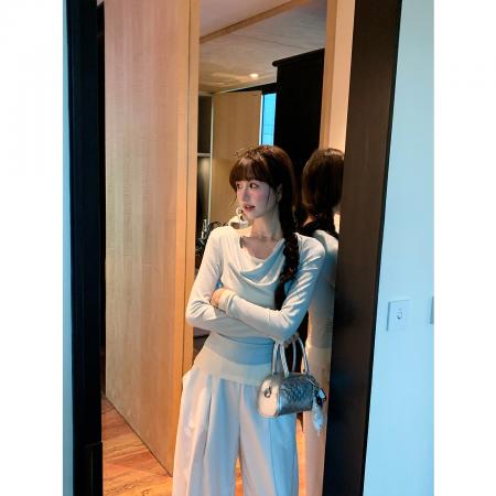 FA37683# 绿色荡领假两件长袖t恤女收腰秋季上衣女内搭打底衫 服裝批發女裝批發服飾貨源