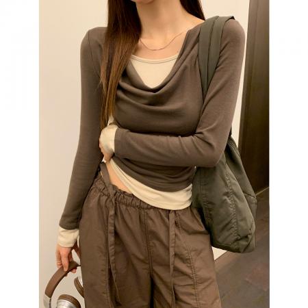 FA37683# 绿色荡领假两件长袖t恤女收腰秋季上衣女内搭打底衫 服裝批發女裝批發服飾貨源