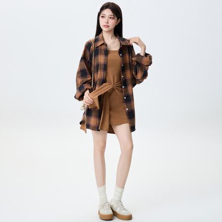 FA37684# 早秋新款韩版时尚设计感格子衬衫+吊带连衣裙套装女显瘦百搭 服裝批發女裝批發服飾貨源