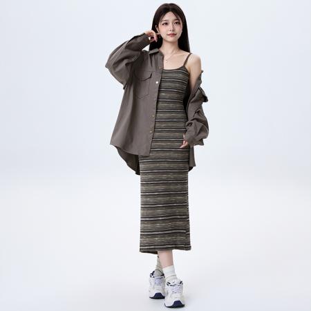 FA37685# 韩版气质休闲修身条纹连衣裙牛仔外套女装秋季新款辣妹两件套 服裝批發女裝批發服飾貨源