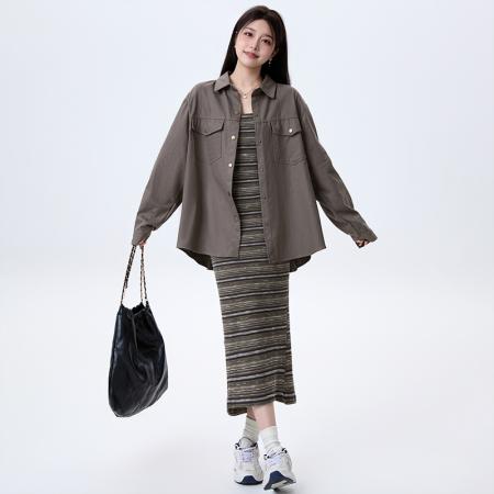 FA37685# 韩版气质休闲修身条纹连衣裙牛仔外套女装秋季新款辣妹两件套 服裝批發女裝批發服飾貨源