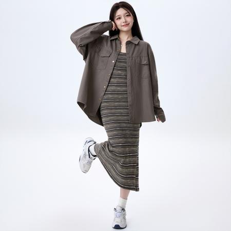 FA37685# 韩版气质休闲修身条纹连衣裙牛仔外套女装秋季新款辣妹两件套 服裝批發女裝批發服飾貨源