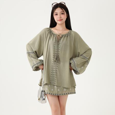 FA37687# 新中式复古民族风刺绣套装裙女夏季宽松薄款上衣短裙两件套潮 服裝批發女裝批發服飾貨源