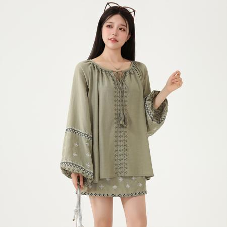 FA37687# 新中式复古民族风刺绣套装裙女夏季宽松薄款上衣短裙两件套潮 服裝批發女裝批發服飾貨源
