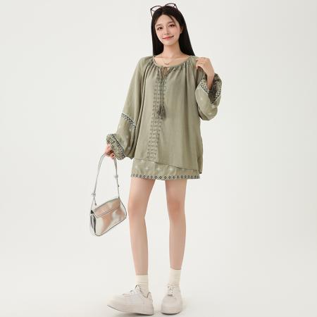 FA37687# 新中式复古民族风刺绣套装裙女夏季宽松薄款上衣短裙两件套潮 服裝批發女裝批發服飾貨源
