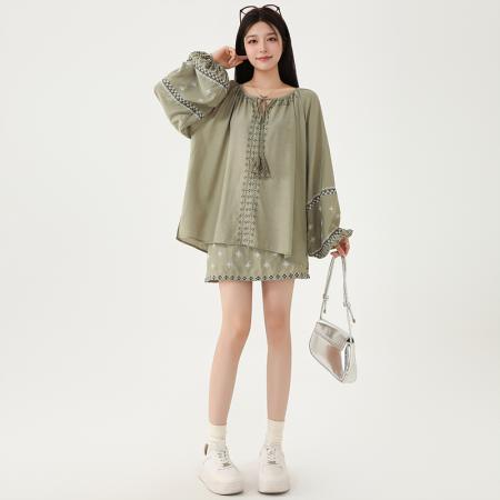 FA37687# 新中式复古民族风刺绣套装裙女夏季宽松薄款上衣短裙两件套潮 服裝批發女裝批發服飾貨源