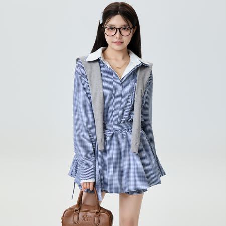 FA37688# 新款韩版时尚减龄假两件格子中长款衬衫裙+披肩套装女 服裝批發女裝批發服飾貨源