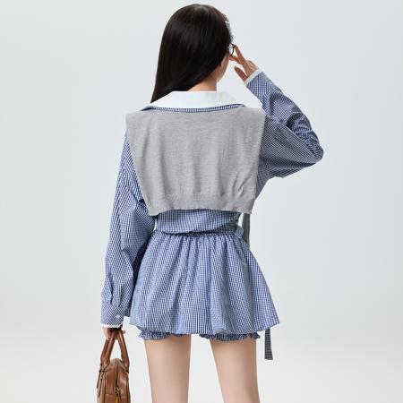 FA37688# 新款韩版时尚减龄假两件格子中长款衬衫裙+披肩套装女 服裝批發女裝批發服飾貨源