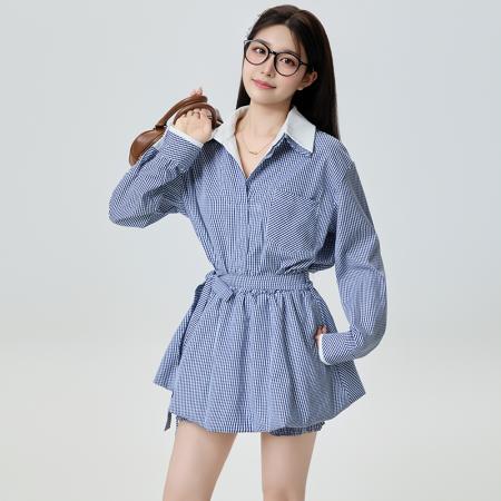 FA37688# 新款韩版时尚减龄假两件格子中长款衬衫裙+披肩套装女 服裝批發女裝批發服飾貨源