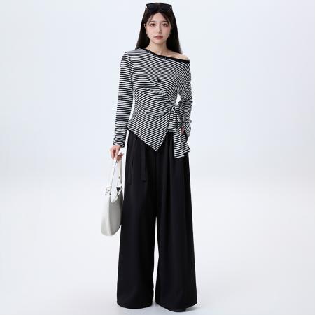 FA37689# 松弛感穿搭一整套超爆款条纹露肩长袖T恤+时尚宽松休闲裤套装女 服裝批發女裝批發服飾貨源