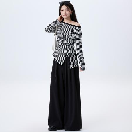FA37689# 松弛感穿搭一整套超爆款条纹露肩长袖T恤+时尚宽松休闲裤套装女 服裝批發女裝批發服飾貨源
