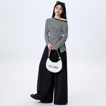 FA37689# 松弛感穿搭一整套超爆款条纹露肩长袖T恤+时尚宽松休闲裤套装女 服裝批發女裝批發服飾貨源