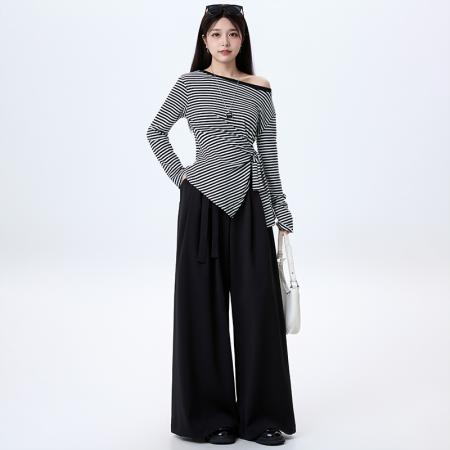 FA37689# 松弛感穿搭一整套超爆款条纹露肩长袖T恤+时尚宽松休闲裤套装女 服裝批發女裝批發服飾貨源
