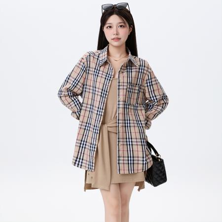 FA37691# 早秋季新款韩版时尚气质显瘦格子衬衫女宽松休闲吊带裙两件套 服裝批發女裝批發服飾貨源