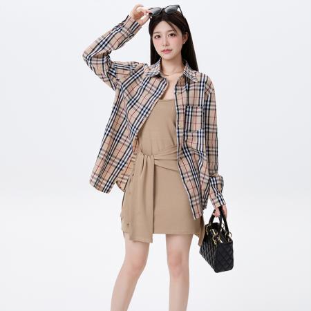 FA37691# 早秋季新款韩版时尚气质显瘦格子衬衫女宽松休闲吊带裙两件套 服裝批發女裝批發服飾貨源