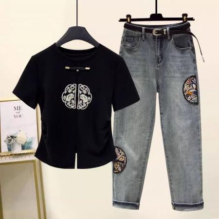FA37693# 夏季新款百搭显瘦T恤上衣女新中式国风刺绣牛仔裤大码两件套 服裝批發女裝批發服飾貨源