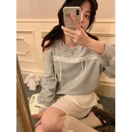 FA37696# 复合春秋款露肩慵懒风蝴蝶结蕾丝宽松卫衣女 服裝批發女裝批發服飾貨源