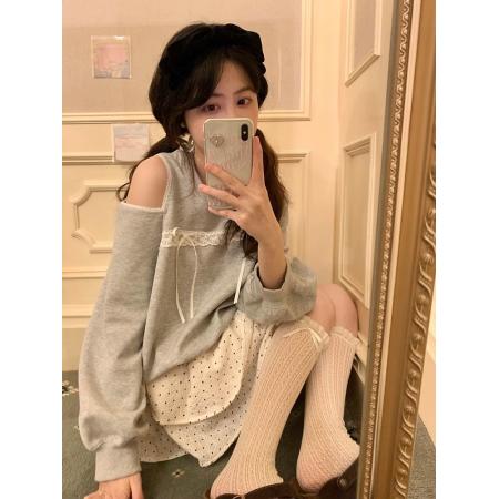 FA37696# 复合春秋款露肩慵懒风蝴蝶结蕾丝宽松卫衣女 服裝批發女裝批發服飾貨源