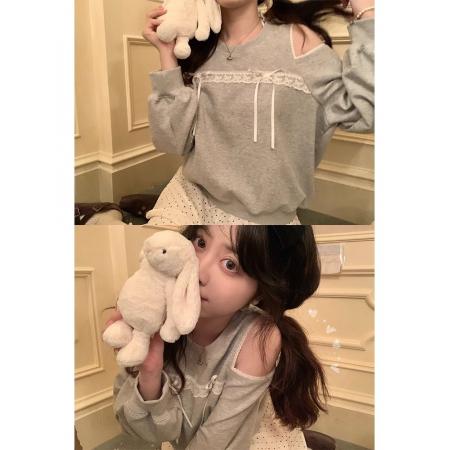 FA37696# 复合春秋款露肩慵懒风蝴蝶结蕾丝宽松卫衣女 服裝批發女裝批發服飾貨源