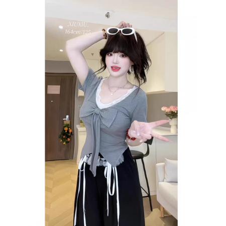 FA37699# 大码蕾丝花边蝴蝶结短袖女T恤夏季新款胖MM遮肉显瘦纯欲甜美上衣 服裝批發女裝批發服飾貨源