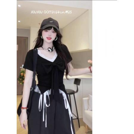 FA37699# 大码蕾丝花边蝴蝶结短袖女T恤夏季新款胖MM遮肉显瘦纯欲甜美上衣 服裝批發女裝批發服飾貨源