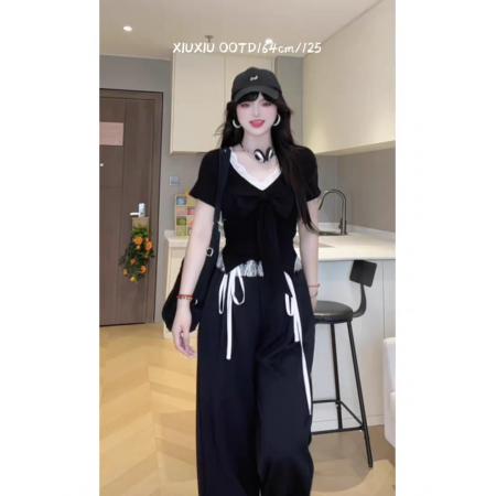 FA37699# 大码蕾丝花边蝴蝶结短袖女T恤夏季新款胖MM遮肉显瘦纯欲甜美上衣 服裝批發女裝批發服飾貨源