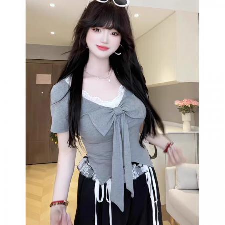 FA37699# 大码蕾丝花边蝴蝶结短袖女T恤夏季新款胖MM遮肉显瘦纯欲甜美上衣 服裝批發女裝批發服飾貨源