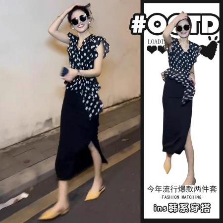 FA37706# 优雅气质穿搭一整套女贵气感高端名媛黑色波点上衣配半身裙两件套 服裝批發女裝批發服飾貨源