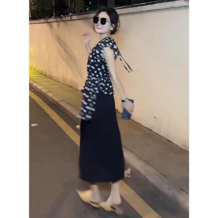 FA37706# 优雅气质穿搭一整套女贵气感高端名媛黑色波点上衣配半身裙两件套 服裝批發女裝批發服飾貨源