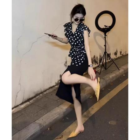 FA37706# 优雅气质穿搭一整套女贵气感高端名媛黑色波点上衣配半身裙两件套 服裝批發女裝批發服飾貨源