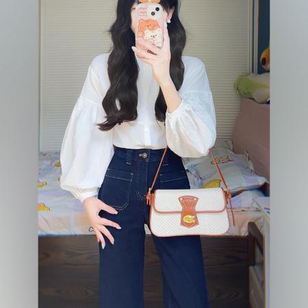 FA37708# 春秋设计感法式田园风白色长袖立领衬衫上衣宽松阔腿牛仔裤两件套 服裝批發女裝批發服飾貨源