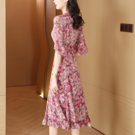 FA37723# 连衣裙波西米亚淑女超修身X型荷叶边裙长裙V领喇叭袖雪纺植物花卉 服裝批發女裝批發服飾貨源