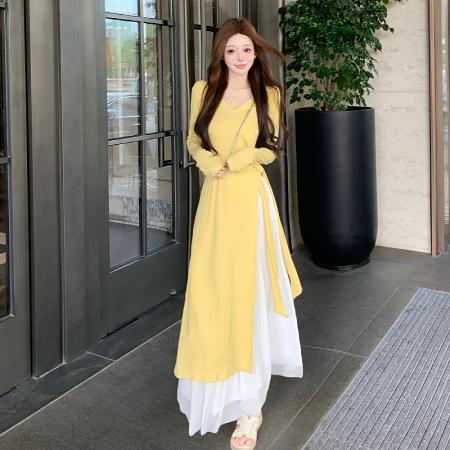 FA37739# 针织开叉连衣裙子女秋新款高级感开秋气质韩系穿搭长裙两件套 服裝批發女裝批發服飾貨源