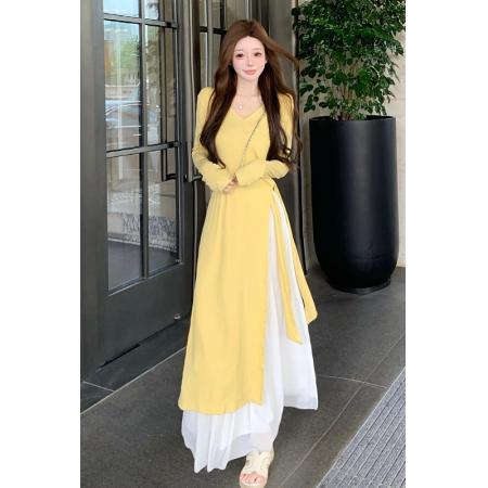 FA37739# 针织开叉连衣裙子女秋新款高级感开秋气质韩系穿搭长裙两件套 服裝批發女裝批發服飾貨源