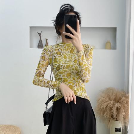FA37742# 欧货女装秋冬时尚洋气高弹网长袖印花高领上衣 服裝批發女裝批發服飾貨源